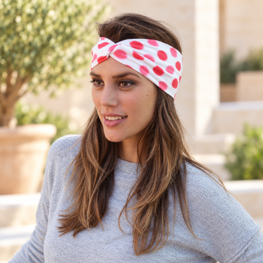 Bandeau élastique à nœud · Pois blancs corail