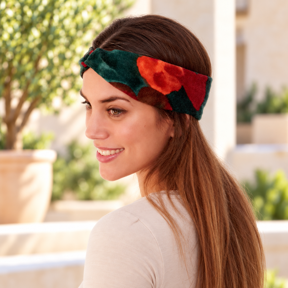 Elastisches Haarband · Rote und grüne Blumen (Herbst-Winter)