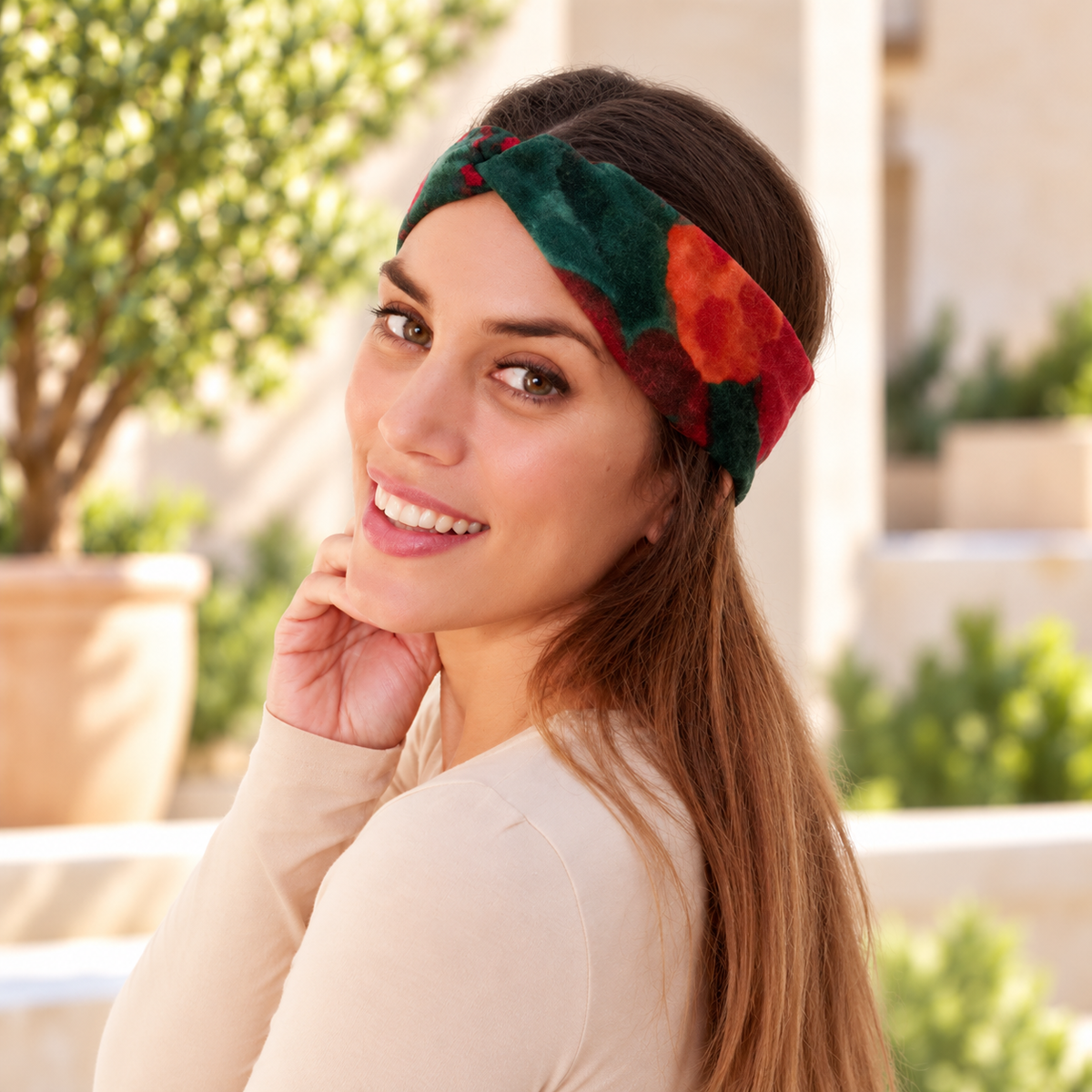 Elastisches Haarband · Rote und grüne Blumen (Herbst-Winter)