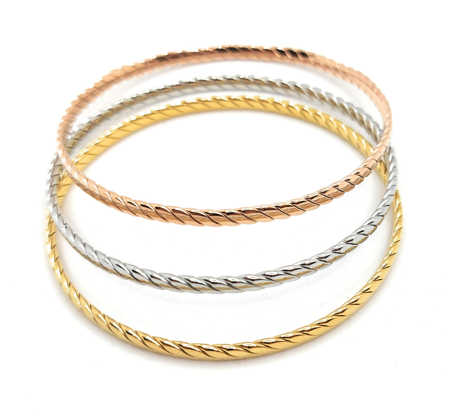 Set de 3 Pulseras Individuales Texturizadas · Oro Amarillo, Plata y Oro Rosa