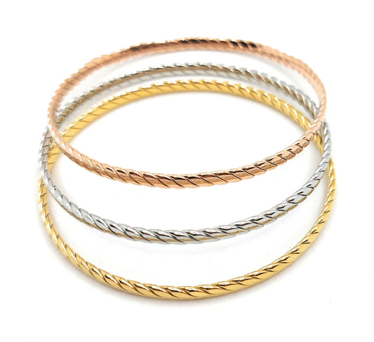 Set de 3 Pulseras Individuales Texturizadas · Oro Amarillo, Plata y Oro Rosa