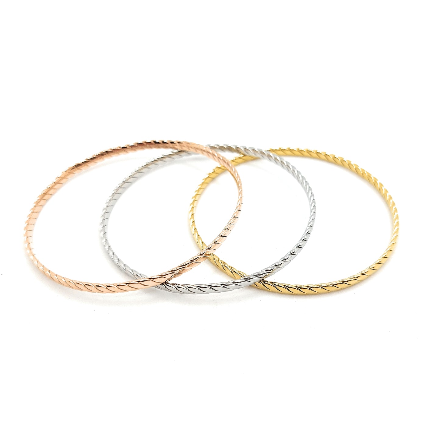 Set de 3 Pulseras Individuales Texturizadas · Oro Amarillo, Plata y Oro Rosa