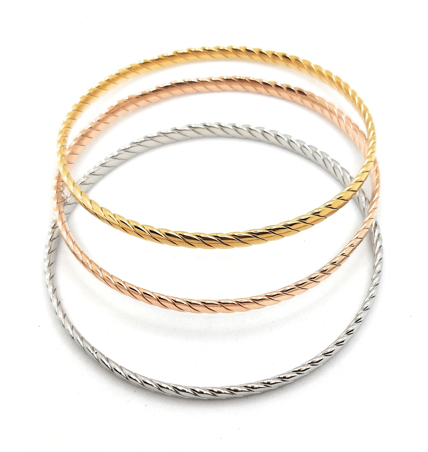 Set de 3 Pulseras Individuales Texturizadas · Oro Amarillo, Plata y Oro Rosa