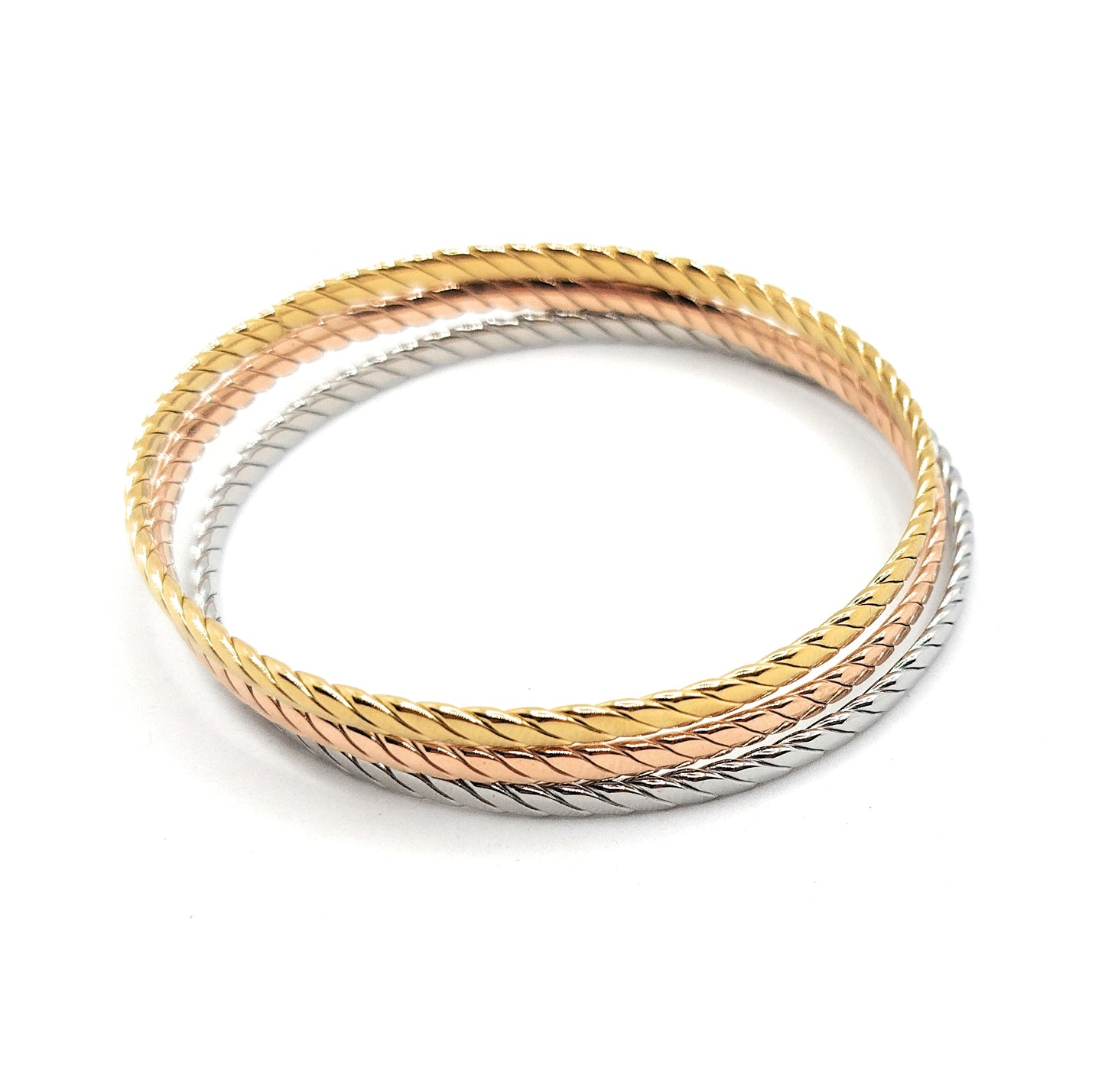 Set de 3 Pulseras Individuales Texturizadas · Oro Amarillo, Plata y Oro Rosa