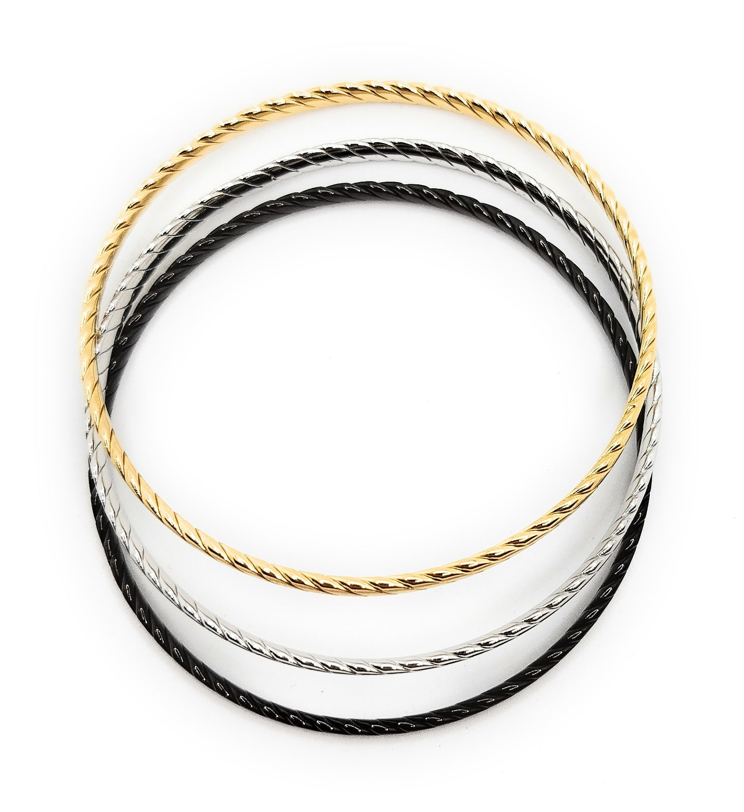 Set de 3 Pulseras Individuales Texturizadas · Oro Amarillo, Plata y Negro