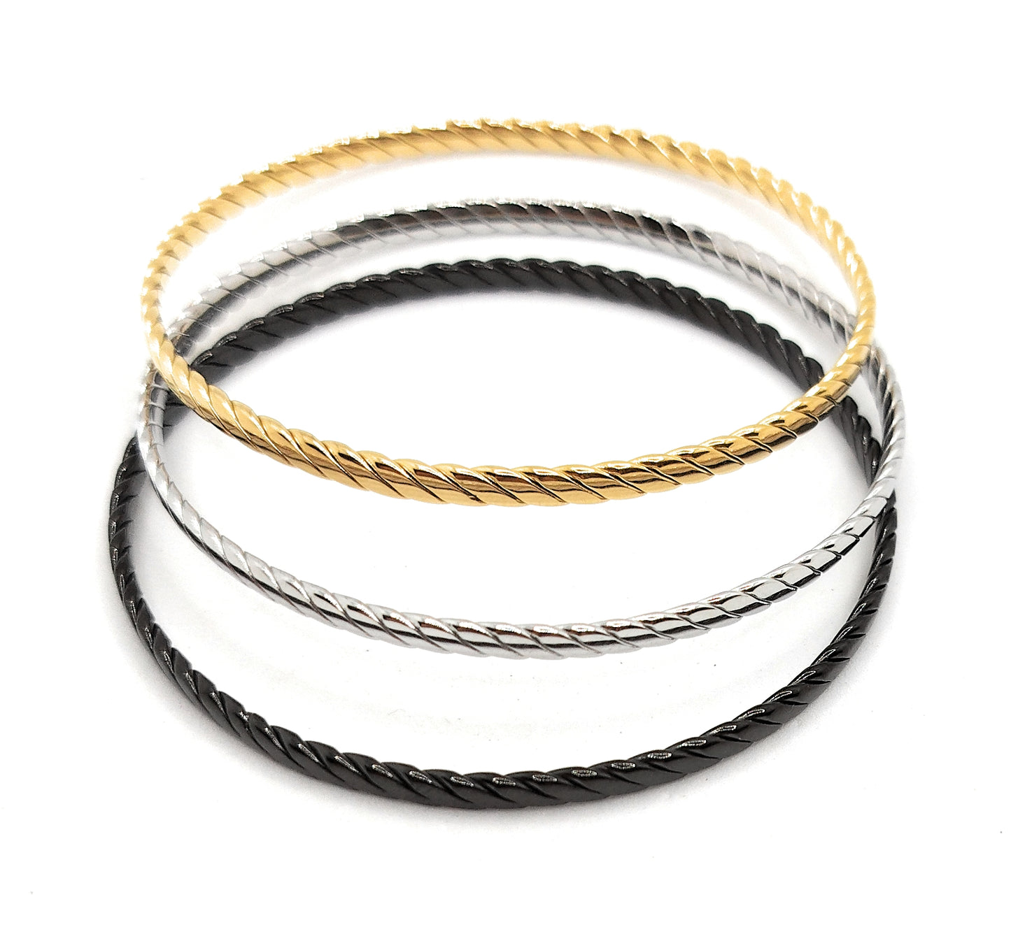 Set de 3 Pulseras Individuales Texturizadas · Oro Amarillo, Plata y Negro
