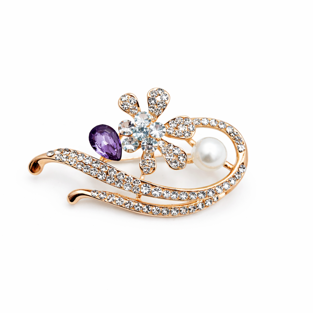 Broche joya dorado elegante flor con cristal facetado morado y circonitas brillantes y perla