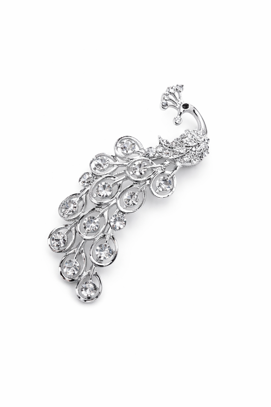 Broche joya plateada en forma de pavo real con cristales brillantes tamaño mediano