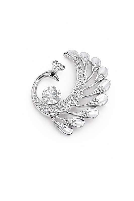 Broche joya plateada en forma de pavo real con cristales brillantes tamaño pequeño