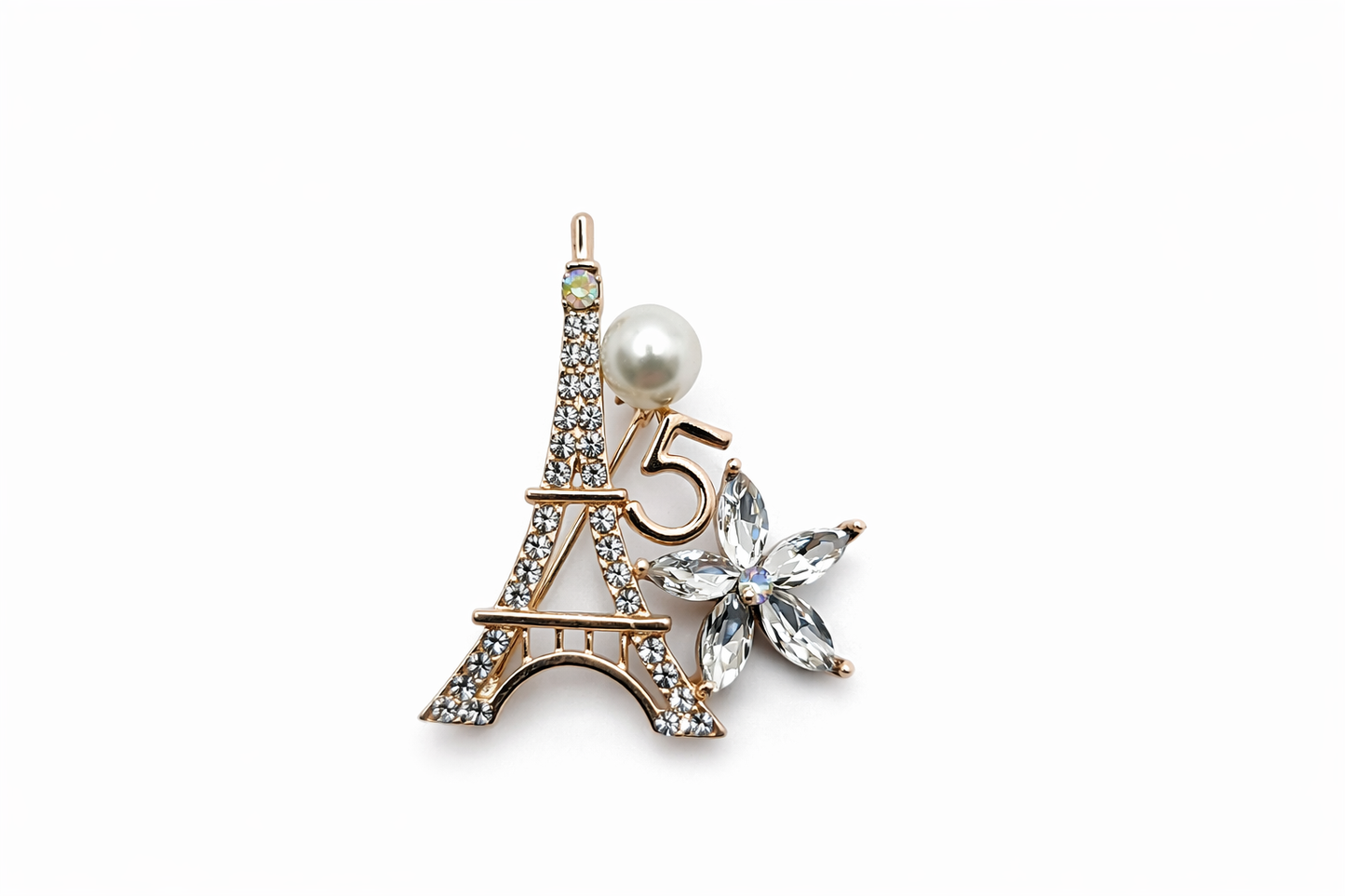 Broche joya dorado en forma Torre Eiffel Paris con cristales facetados blancos brillantes y perla