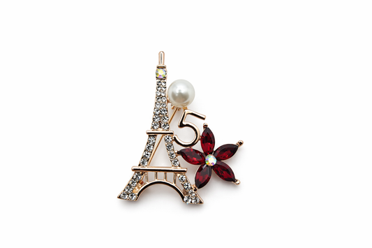 Broche joya dorado en forma Torre Eiffel Paris con cristales facetados rojos brillantes y perla