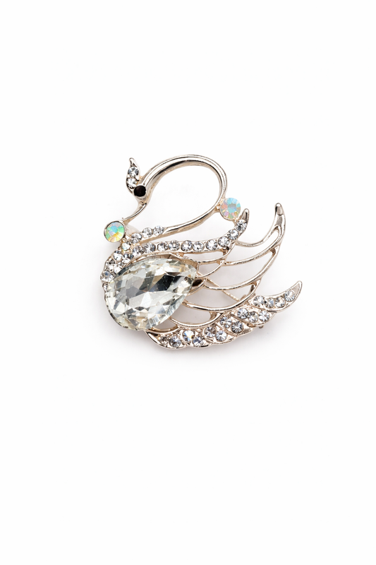 Broche joya dorado en forma de cisne con cristal facetado blanco y circonitas brillantes