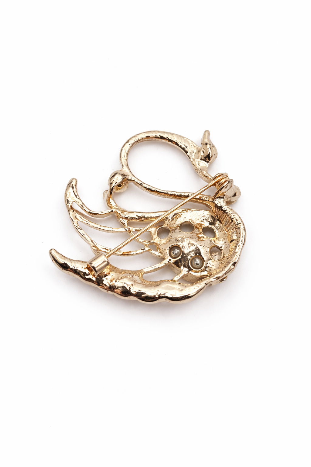 Broche joya dorado en forma de cisne con cristal facetado blanco y circonitas brillantes