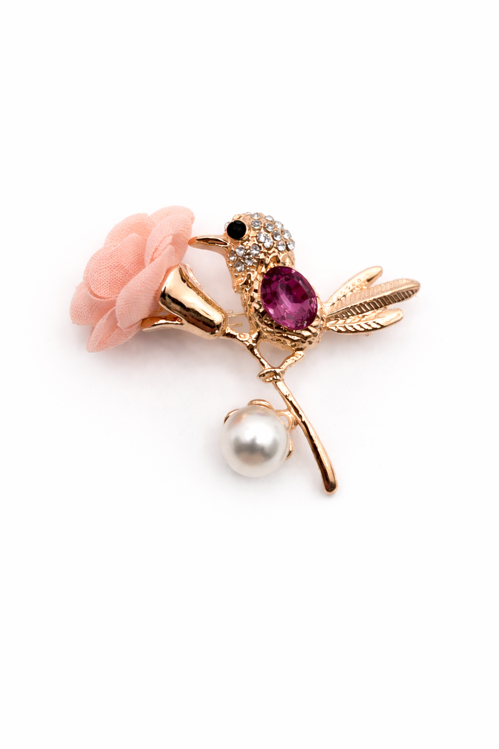 Broche dorado de pájaro con flor de tela rosa y cristal burdeos, circonitas brillantes y perla