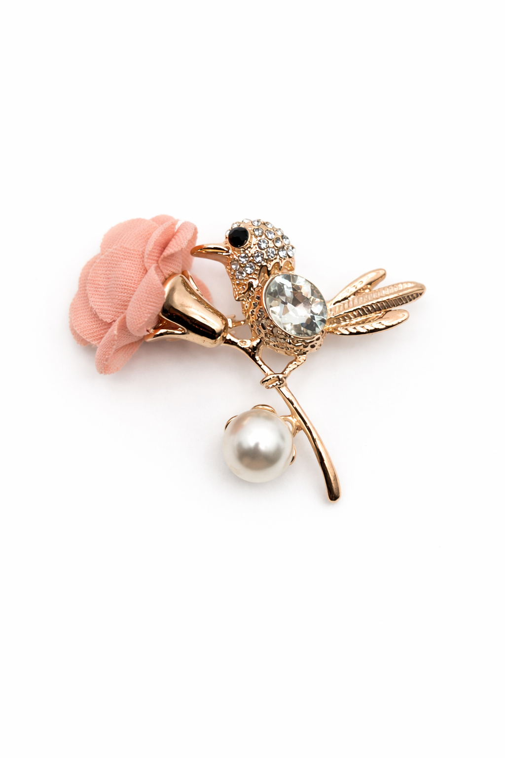 Broche dorado de pájaro con flor de tela rosa y cristal blanco, circonitas brillantes y perla