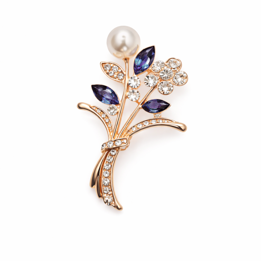 Broche joya floral dorado con detalles en morado, cristales y perla