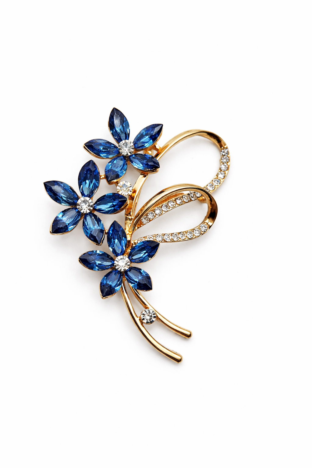 Broche joya dorado exclusivo triple floral con cristales azules y circonitas
