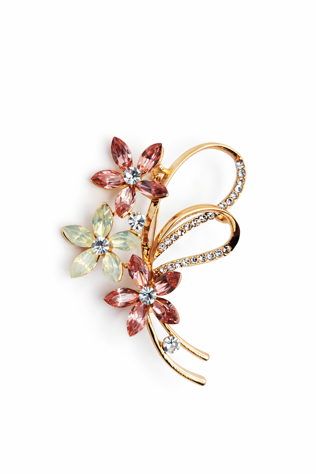 Broche joya dorado exclusivo triple floral con cristales rosados, verde agua y circonitas