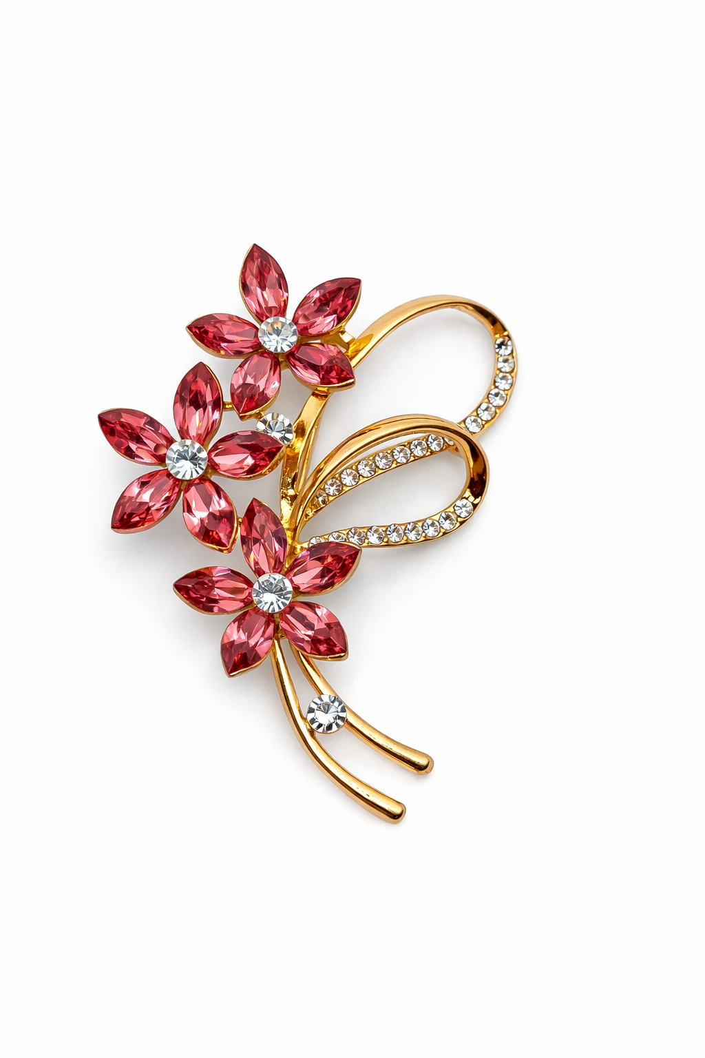 Broche joya dorado exclusivo triple floral con cristales burdeos y circonitas
