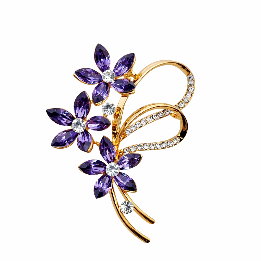 Broche joya dorado exclusivo triple floral con cristales morados y circonitas