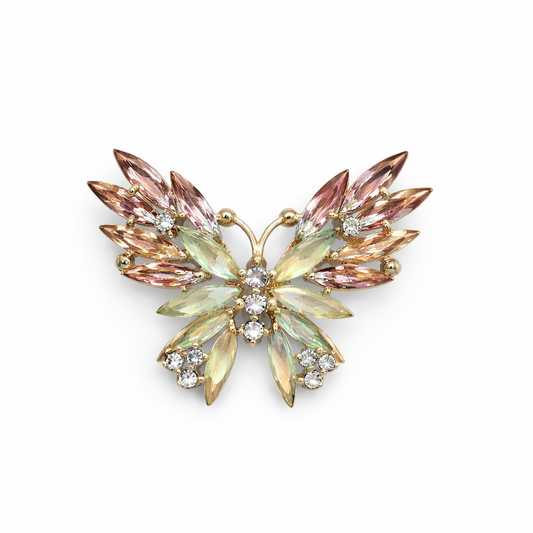 Broche joya de mariposa dorada con cristales rosados, verde agua y circonitas