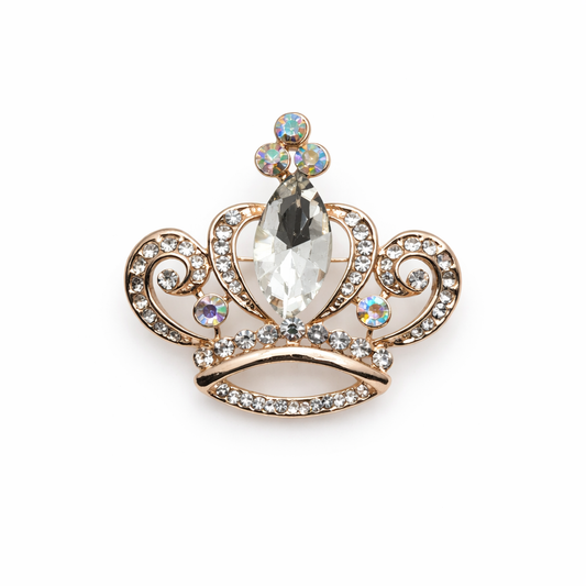Broche joya dorada en forma de corona con cristal facetado blanco y circonitas brillantes