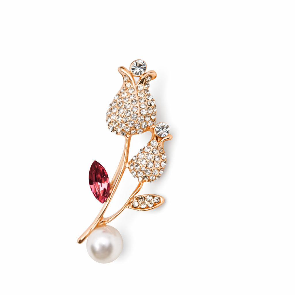 Broche joya dorado forma floral de tulipán con detalles en burdeos, cristales y perla