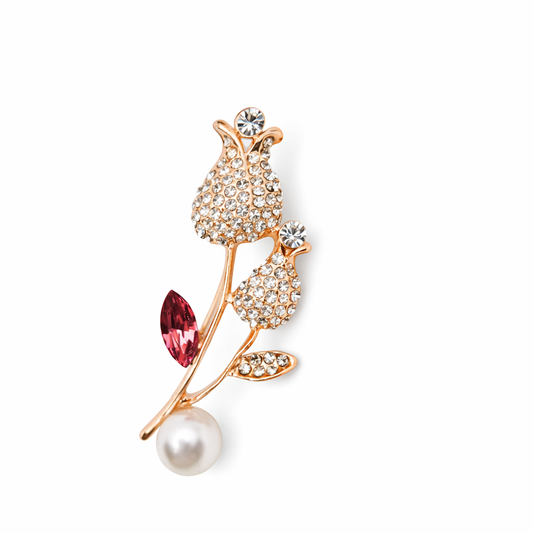 Broche joya dorado forma floral de tulipán con detalles en burdeos, cristales y perla