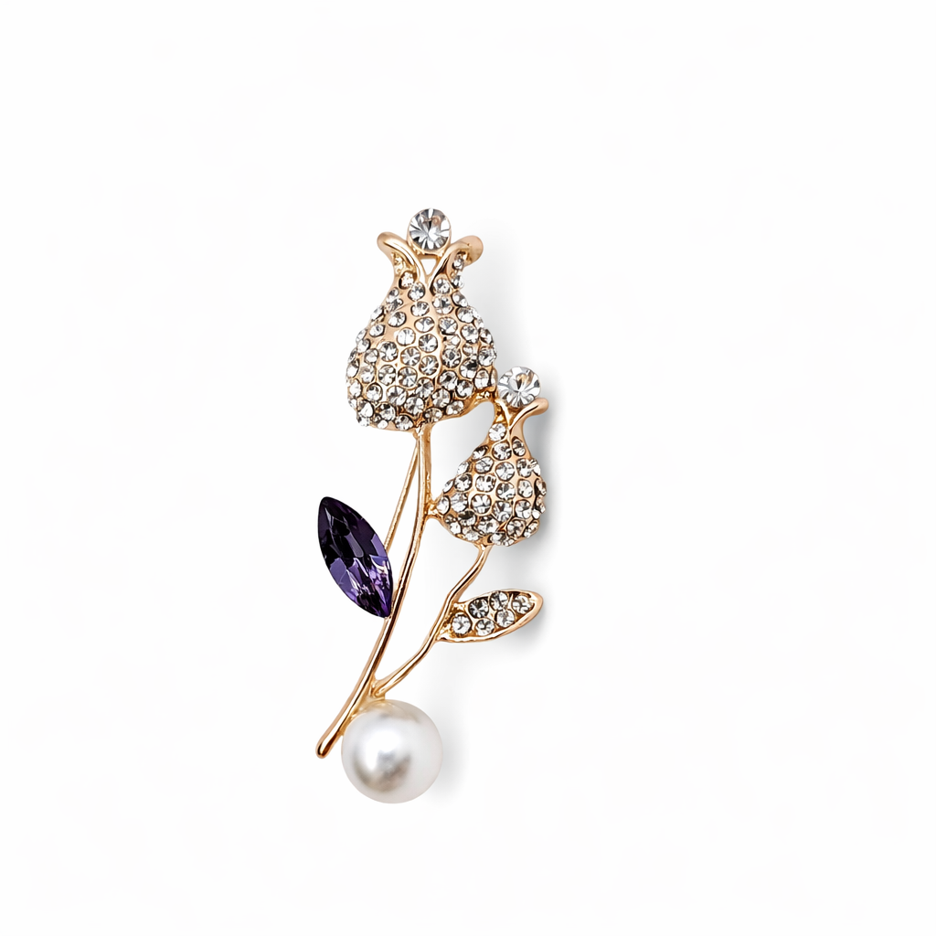 Broche joya dorado forma floral de tulipán con detalles en morado, cristales y perla