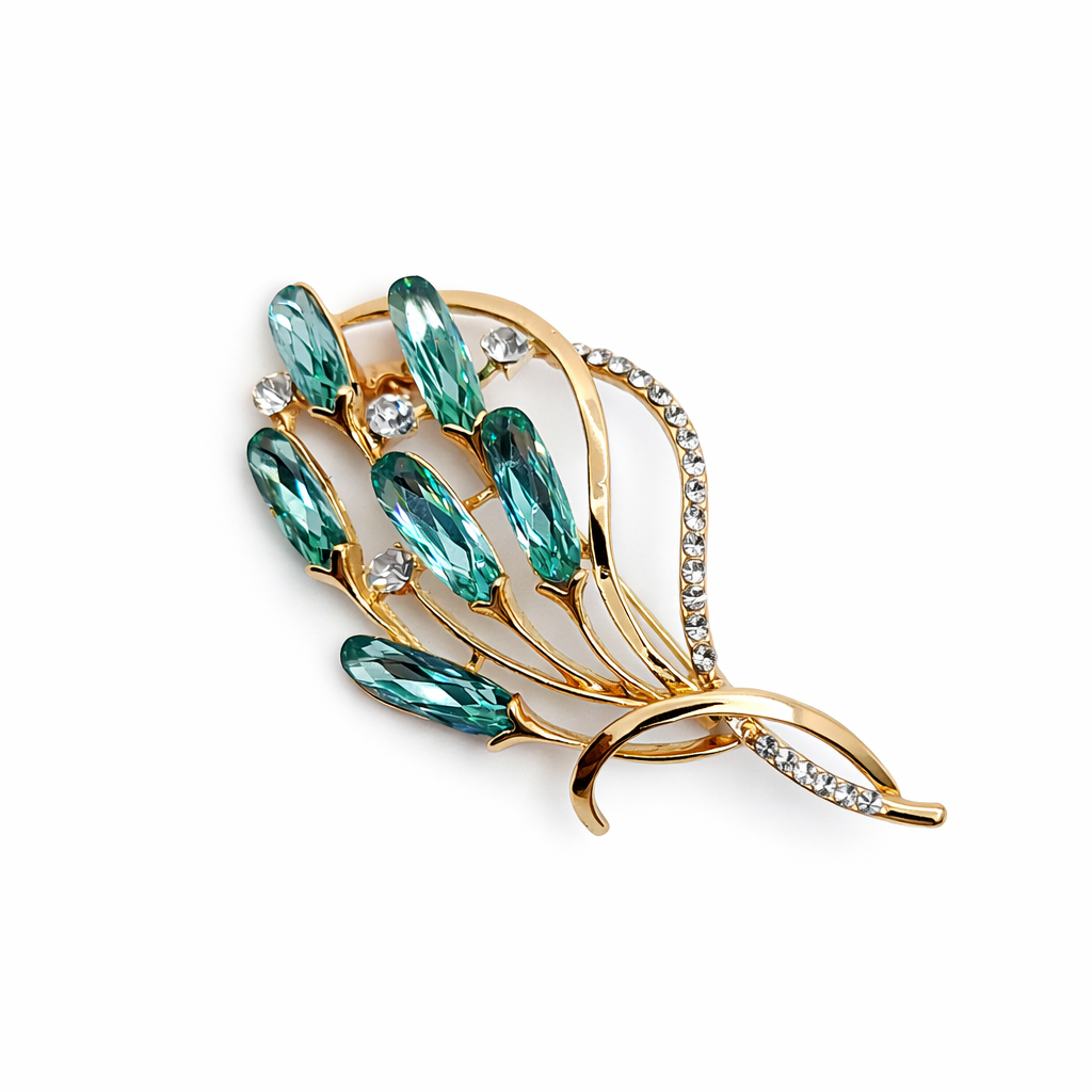 Broche joya dorado verde esmeralda floral grande con cristales facetados y circonitas brillantes (única unidad!)
