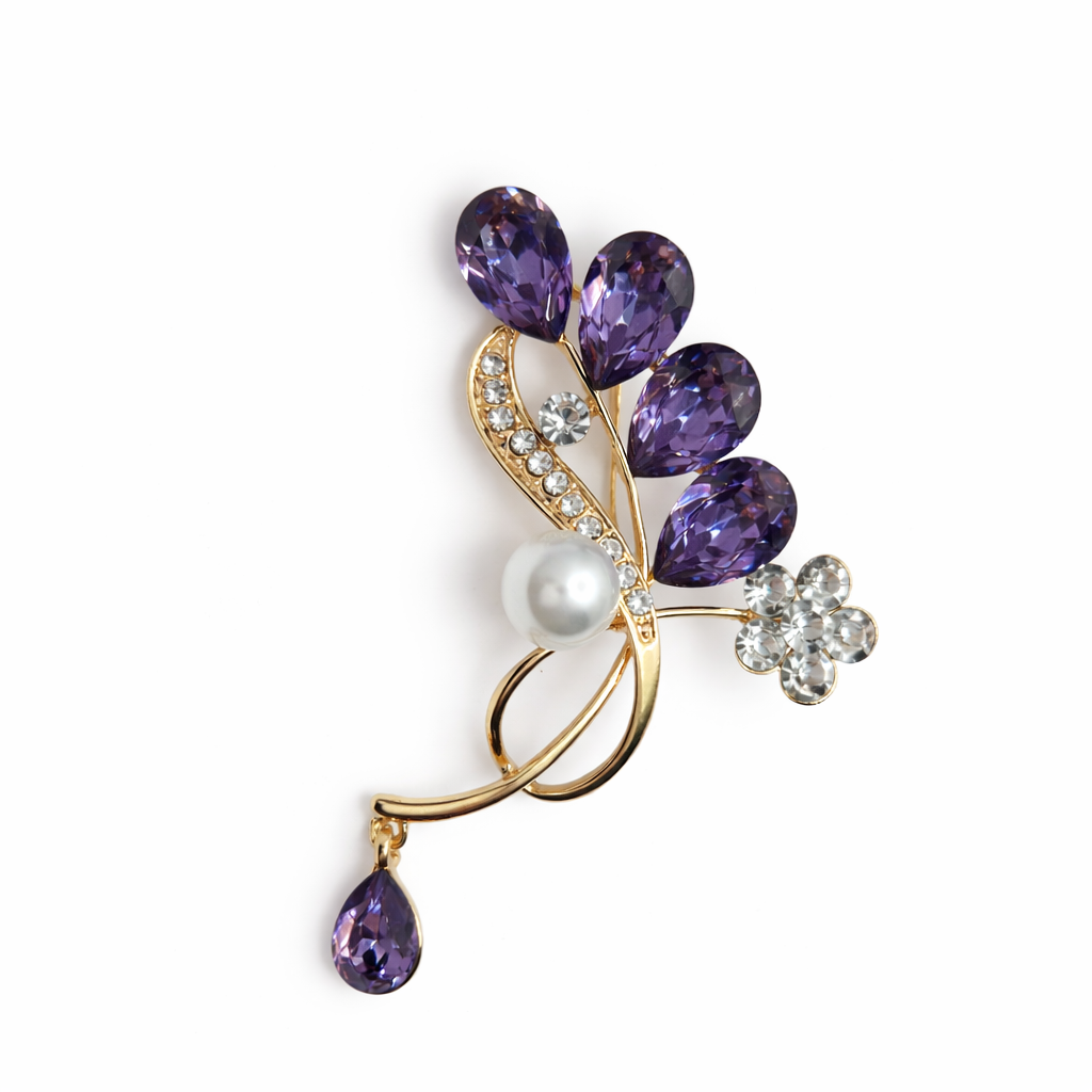 Broche joya dorado exclusivo cuadruple floral con cristales morados y perla