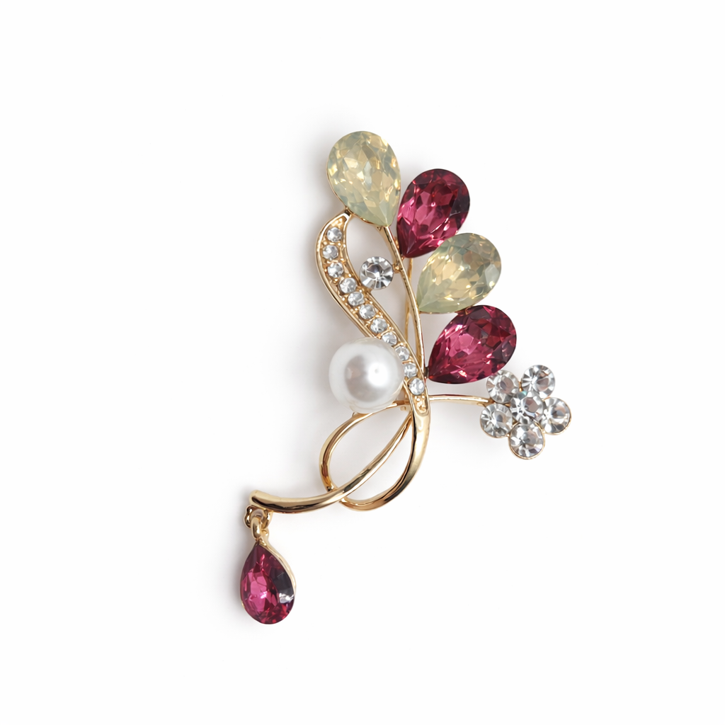Broche joya dorado exclusivo cuadruple floral con cristales rosados, verde agua y perla (única unidad!)