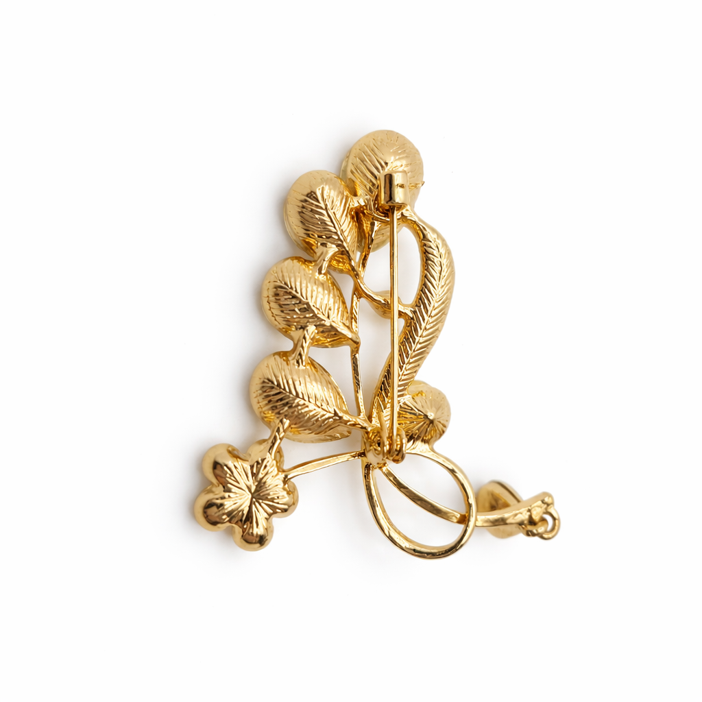 Broche joya dorado exclusivo cuadruple floral con cristales rosados, verde agua y perla (única unidad!)