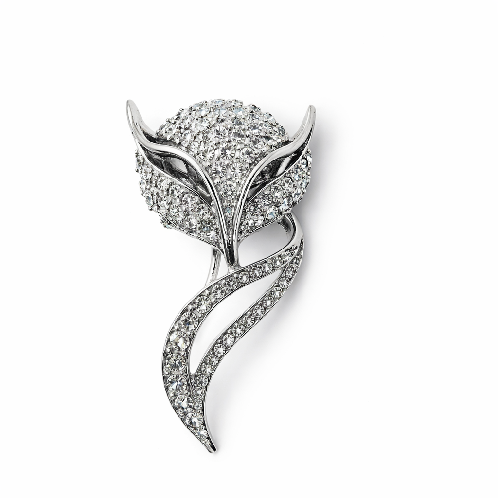 Broche plateado en forma de zorro con cristales brillantes tamaño mediano
