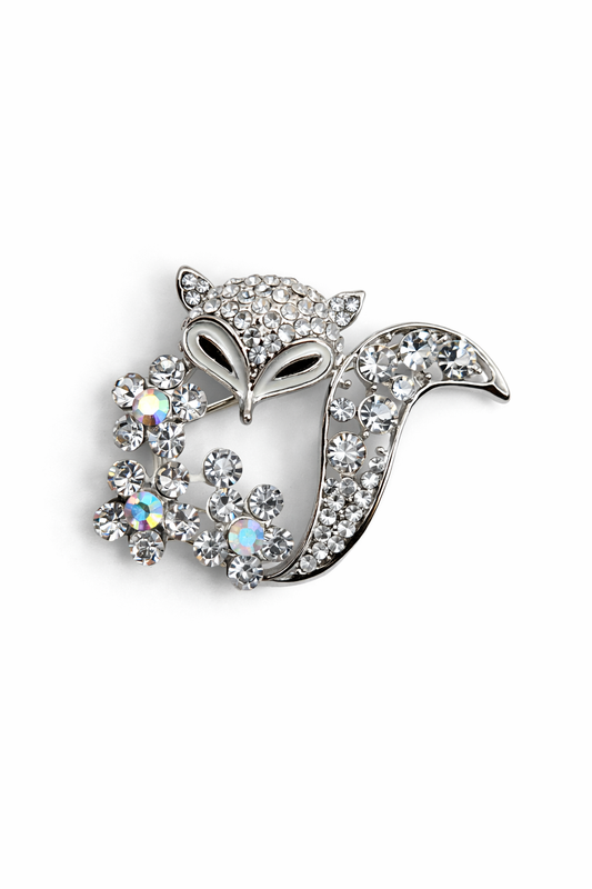 Broche plateado en forma de zorro con cristales brillantes tamaño pequeño