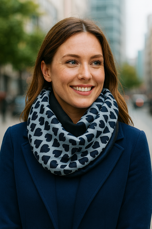 Bufanda Infinita Cuello Mujer Reversible · Corazones/Azul