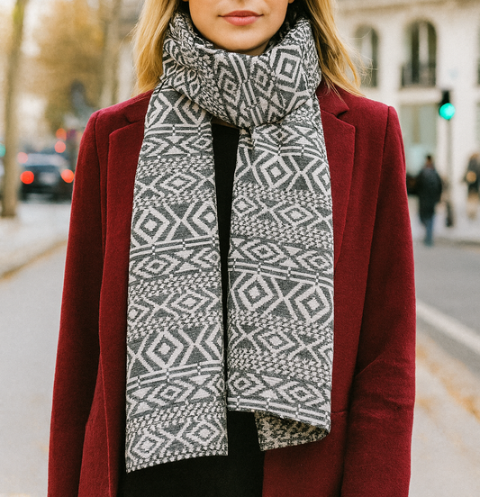 Bufanda Grande Rectangular · IKAT Blanco Negro (última unidad!)