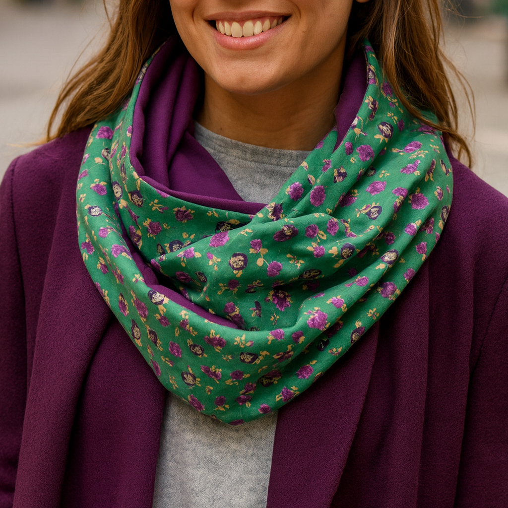 Bufanda Cuello Reversible · Florecitas/Morado