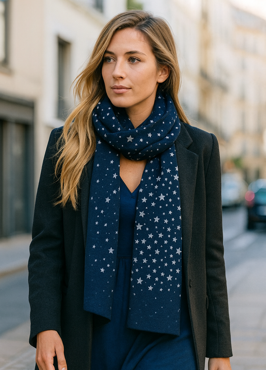 Bufanda Grande Reversible · Estrellas/Azul