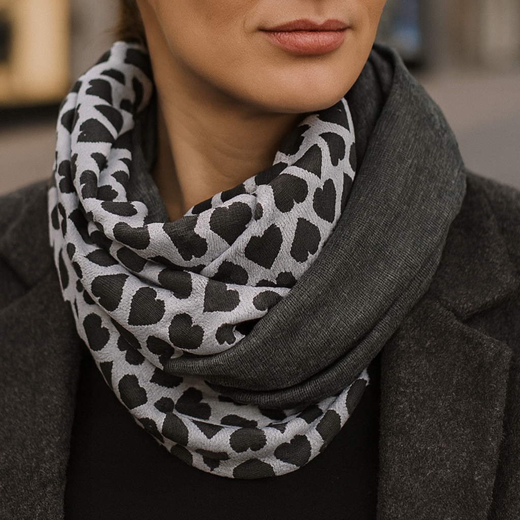 Bufanda Infinita Cuello Mujer Reversible · Corazones/Antracita