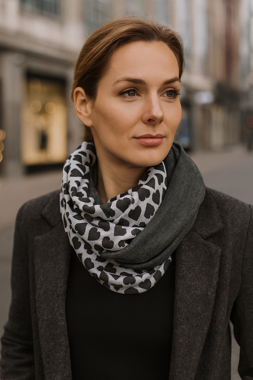 Bufanda Infinita Cuello Mujer Reversible · Corazones/Antracita