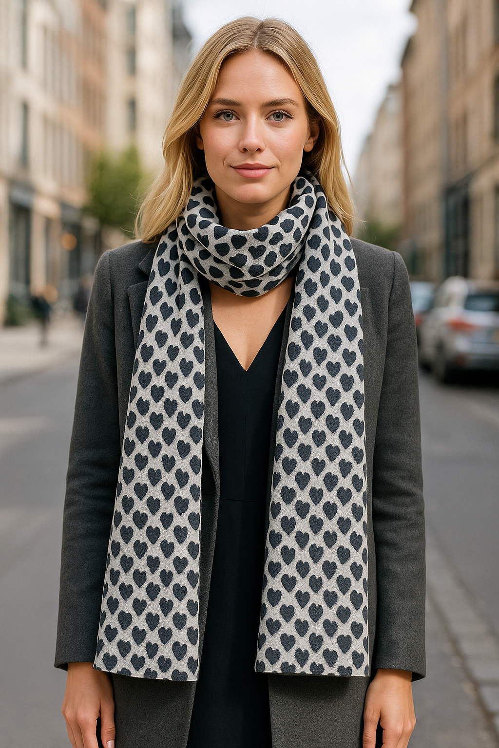 Bufanda Grande Reversible · Corazones Negro Blanco