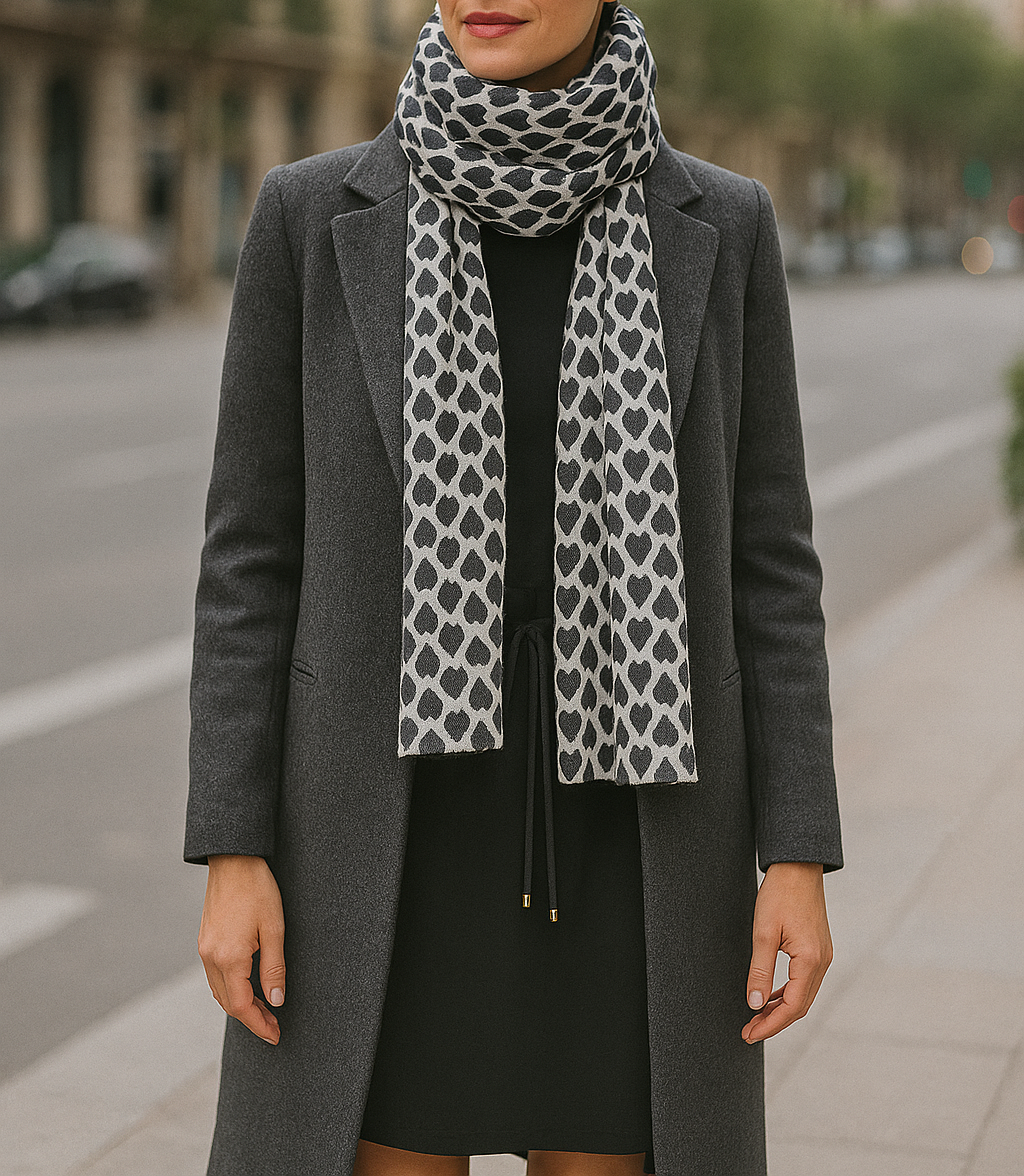 Bufanda Grande Reversible · Corazones Negro Blanco