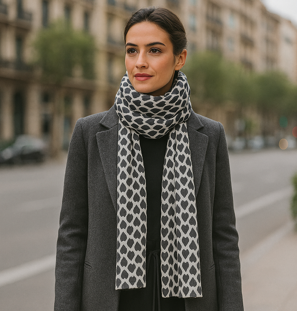 Bufanda Grande Reversible · Corazones Negro Blanco