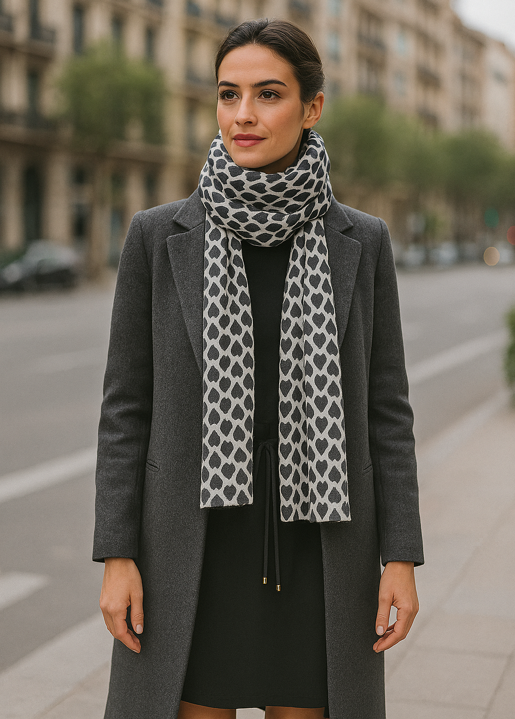 Bufanda Grande Reversible · Corazones Negro Blanco