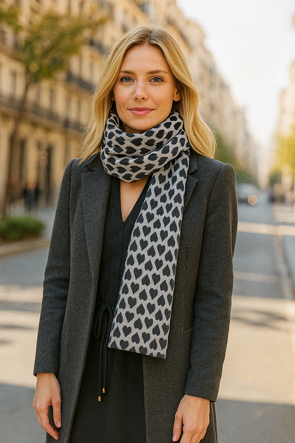 Bufanda Grande Reversible · Corazones Negro Blanco