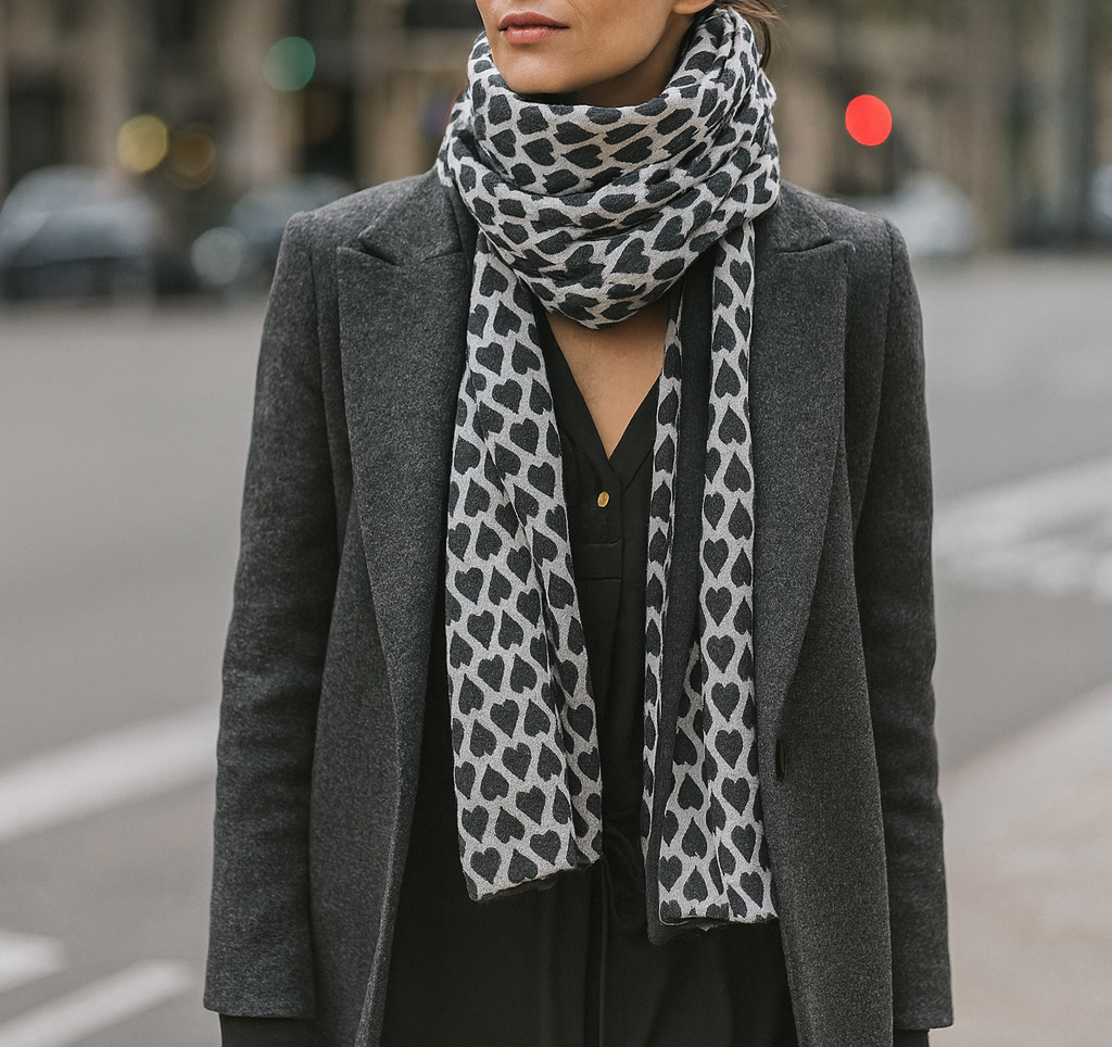 Bufanda Grande Reversible · Corazones Negro Blanco