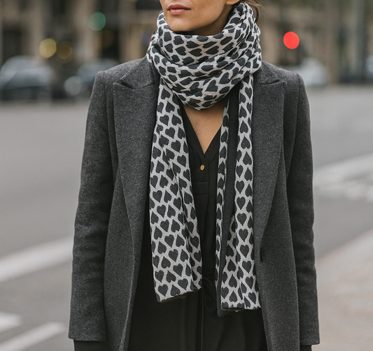 Bufanda Grande Reversible · Corazones Negro Blanco