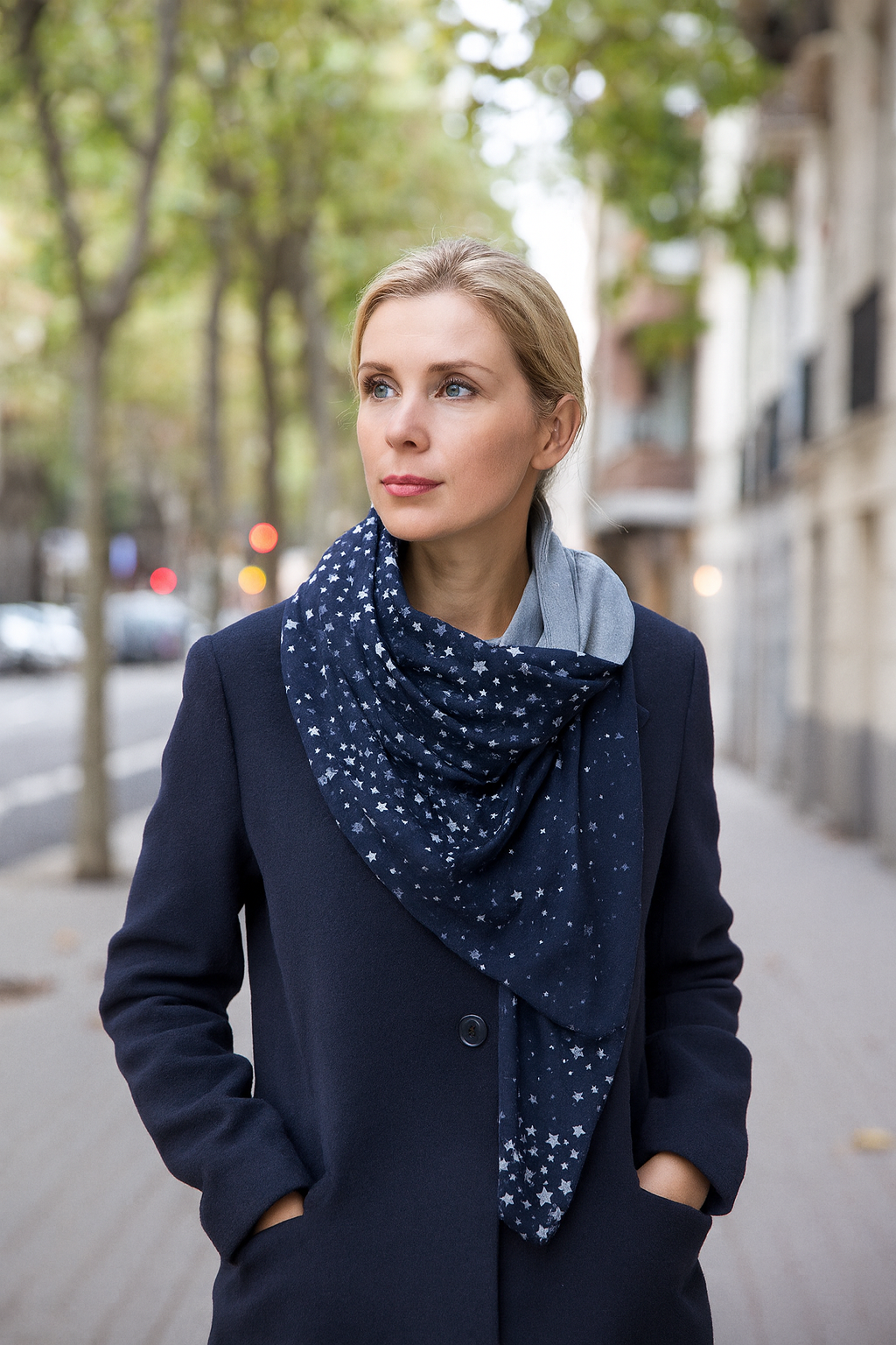 Bufanda Grande Reversible · Estrellas Revés Gris