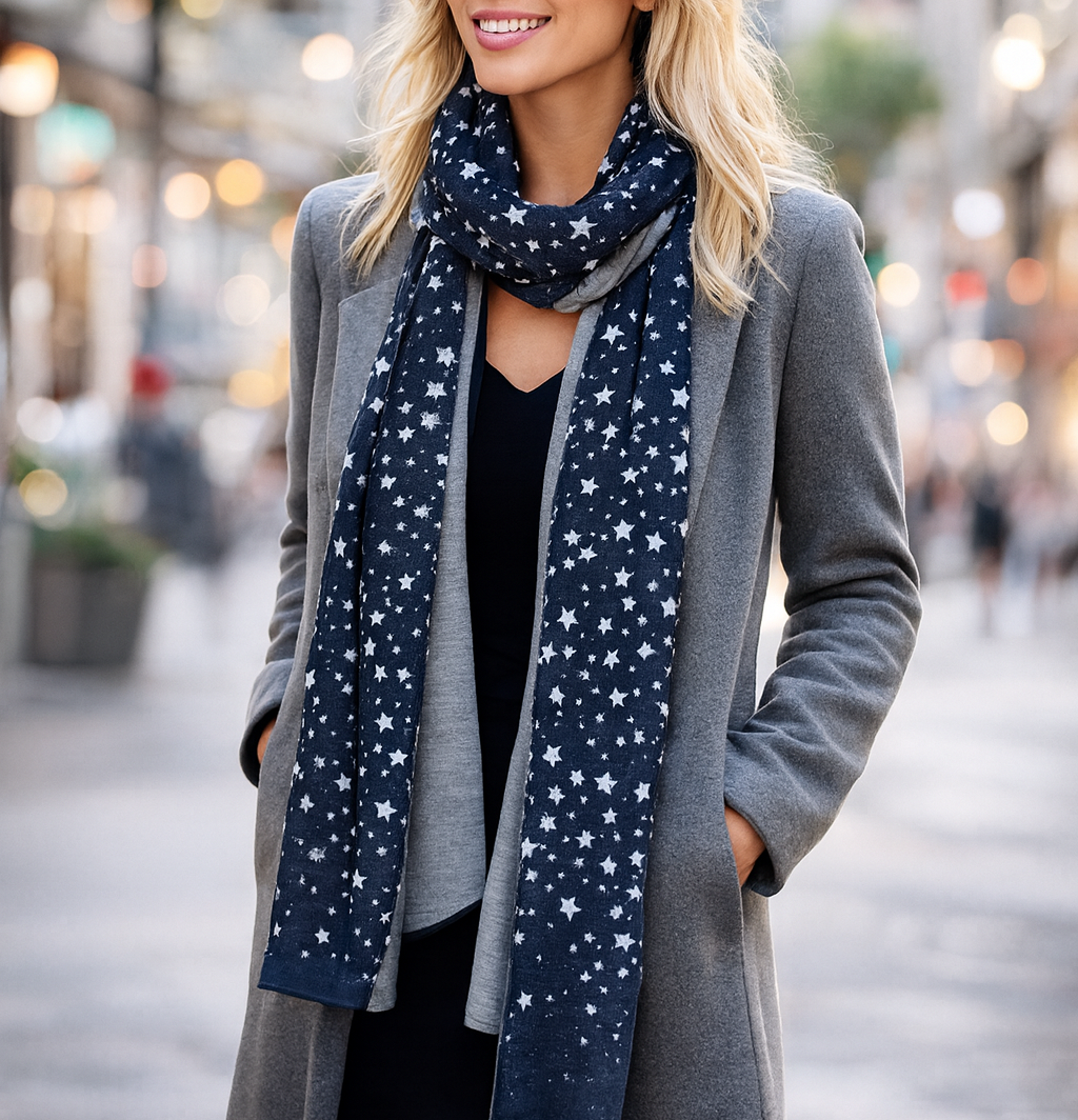 Bufanda Grande Reversible · Estrellas Revés Gris